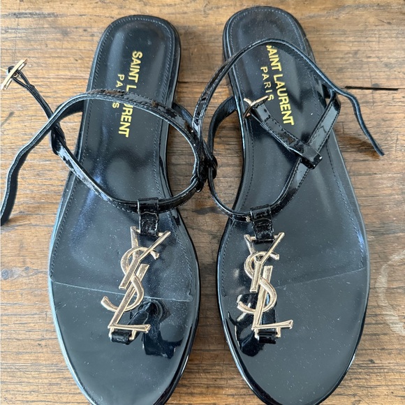 Saint Laurent Shoes - Saint Laurent Black Patent Thong Sandals with Gold YSL Logo